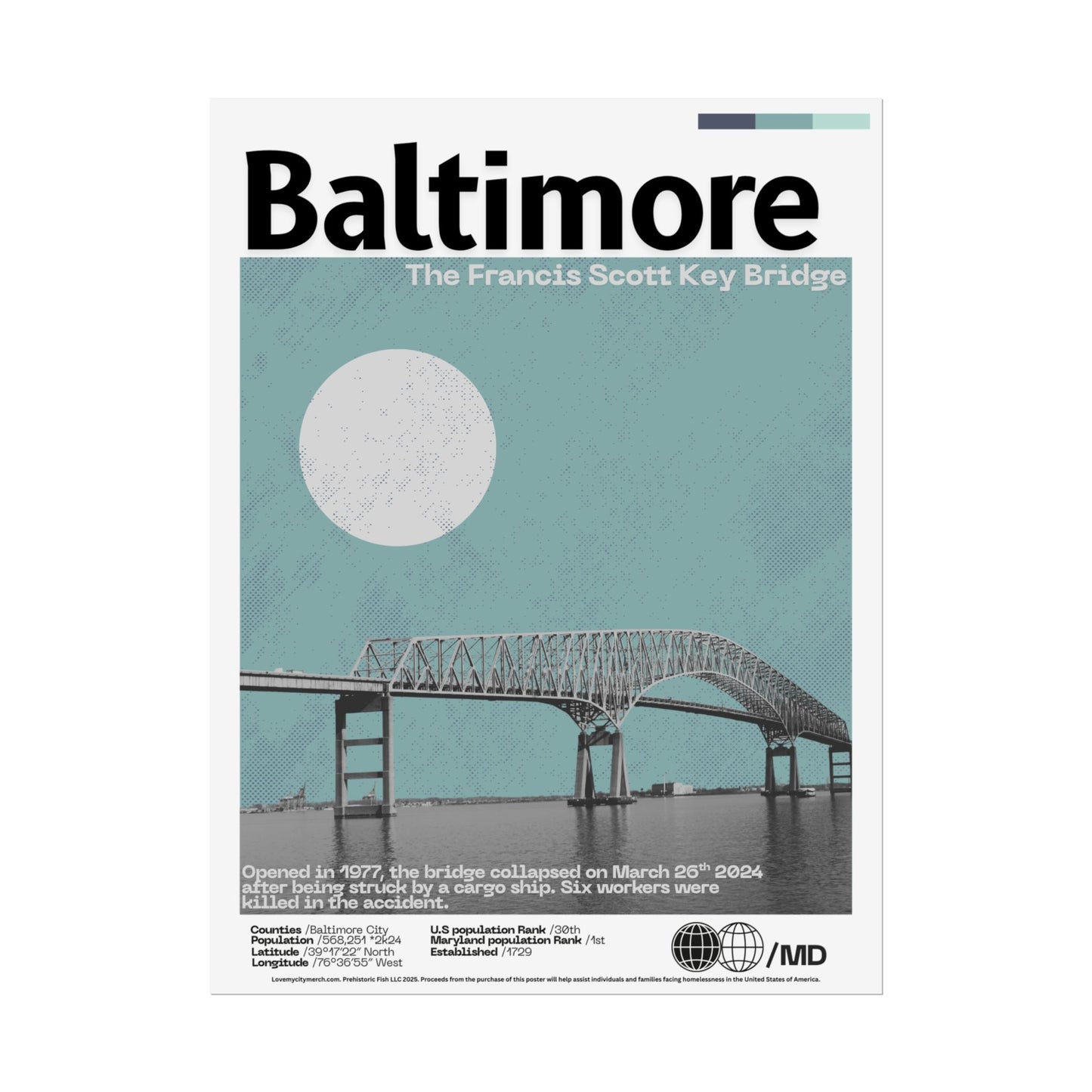 The Francis Scott Key Bridge Baltimore - 18x24 Modern Wall Art Rolled Poster